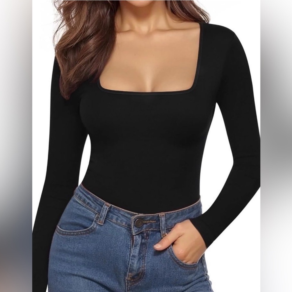 Mangopop square neck Black Long Sleeve Square Neck Top